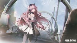Rule 34 | animal ears, artist request, bare back, bare shoulders, bear ears, building, city, cityscape, collar, commandant (punishing: gray raven), dress, glass, headphones, highres, looking at viewer, looking back, mechanical arms, official art, pantyhose, pink eyes, pink hair, punishing: gray raven, skyscraper, smile, teddy (punishing: gray raven)