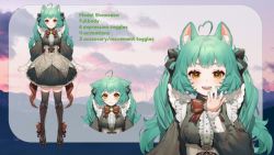 Rule 34 | 1girl, ahoge, angel wings, animal ears, boots, bow, bowtie, breasts, cat ears, cat girl, commentary, dress, english commentary, english text, full body, girl dm, green hair, hair bow, heart, heart ahoge, indie virtual youtuber, knee boots, long hair, long sleeves, looking at viewer, medium breasts, mini wings, multiple views, open mouth, second-party source, smile, suteinua, teeth, thighhighs, tongue, twintails, virtual youtuber, wings, yellow eyes
