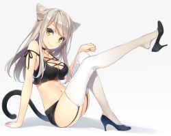 Rule 34 | 1girl, animal ears, arm ribbon, arm support, bell, black shirt, blouse, breasts, cat ears, cat tail, cleavage, collar, crop top, crop top overhang, fake animal ears, feet, from side, garter straps, gradient background, grey background, grey hair, head tilt, high heels, jingle bell, leg up, long hair, long legs, looking at viewer, medium breasts, micro shorts, midriff, mmu, navel, neck bell, original, plantar flexion, pumps, ribbon, shiny skin, shirt, shoe dangle, shoes, shorts, sitting, sleeveless, sleeveless shirt, smile, solo, stomach, swept bangs, tail, thighhighs, v-shaped eyebrows, white background, white thighhighs, yellow eyes