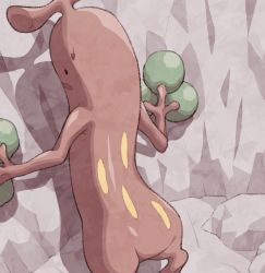 Rule 34 | against wall, ass, back, back focus, black eyes, creatures (company), day, from behind, game freak, gen 2 pokemon, hands up, minashirazu, nervous, nintendo, no humans, open mouth, outdoors, pokemon, pokemon (creature), solid oval eyes, solo, standing, sudowoodo, sweat