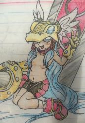Rule 34 | 1girl, absurdres, digimon, highres, mask, minervamon, shield, solo, sword, tongue, tongue out, topless, weapon