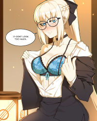 Rule 34 | 1girl, absurdres, black bow, black suit, blue bra, blue eyes, blush, bow, bra, braid, breasts, choker, cleavage, english text, fate/grand order, fate (series), formal, french braid, glasses, grey hair, hair bow, highres, hyperbudd, large breasts, long hair, long sleeves, looking at viewer, morgan le fay (fate), off shoulder, pale skin, ponytail, sidelocks, solo, speech bubble, suit, underwear, very long hair