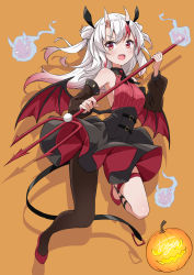 absurdres asanaya bat_wings black_legwear blush bridal_garter commentary_request detached_sleeves double_bun full_body hair_bun halloween highres holding holding_polearm holding_weapon hololive horns jack-o&#039;-lantern long_hair looking_at_viewer nakiri_ayame open_mouth orange_background polearm pumpkin red_eyes red_footwear shoes simple_background single_leg_pantyhose solo thigh_strap trident virtual_youtuber weapon white_hair wings