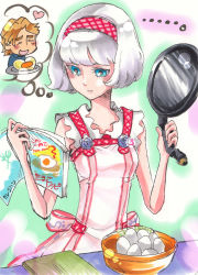 Rule 34 | ..., 10s, 1boy, 1girl, apron, bare shoulders, blue eyes, bob cut, cis (tiger &amp; bunny), cooking, cronucia, dress, egg, frying pan, hairband, keith goodman, reading, short hair, skinny, thought bubble, tiger &amp; bunny, white hair