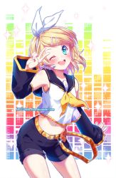 Rule 34 | 1girl, ;d, arm at side, armpits, bare shoulders, belt, belt buckle, black shorts, blonde hair, blue eyes, blush, buckle, contrapposto, cowboy shot, detached sleeves, glint, hair ornament, hair ribbon, hairband, hairclip, head tilt, kagamine rin, long sleeves, multicolored background, musical note, musical note print, navel, neckerchief, neko-rina, one eye closed, open mouth, ribbon, short hair, shorts, smile, solo, sparkle, standing, stomach, swept bangs, tareme, throat microphone, treble clef, vocaloid, white ribbon