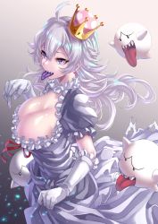 Rule 34 | 1girl, ahoge, boo (mario), breasts, cleavage, colored tongue, commentary request, crown, dress, earrings, floating hair, frilled dress, frilled gloves, frills, ghost pose, gloves, gradient background, highres, jewelry, large breasts, long hair, low-cut, luigi&#039;s mansion, mario (series), new super mario bros. u deluxe, nintendo, princess king boo, puffy short sleeves, puffy sleeves, purple eyes, purple tongue, sharp teeth, shashaki, short sleeves, silver hair, skirt hold, solo, super crown, teeth, tongue, tongue out, white gloves