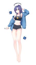 Rule 34 | 1girl, absurdres, arm behind head, barefoot, black shorts, black sports bra, blue archive, blue eyes, blue jacket, breasts, closed mouth, commentary request, drone, feet, full body, furrowed brow, gangsoon86, halo, highres, holding, jacket, legs, light blush, long sleeves, looking at viewer, medal, medium breasts, midriff, navel, off shoulder, ponytail, purple hair, relay baton, shorts, simple background, solo, sports bra, standing, star sticker, sticker on face, toenails, toes, track jacket, white background, yuuka (blue archive)