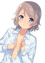 Rule 34 | 10s, 1girl, :o, blue eyes, blue shirt, blush, breast pocket, breasts, brown hair, cleavage, collarbone, dress shirt, dutch angle, hajime kaname, long sleeves, looking at viewer, love live!, love live! sunshine!!, medium breasts, no bra, open clothes, open shirt, parted lips, partially unbuttoned, pocket, shirt, short hair, simple background, solo, swept bangs, undressing, upper body, watanabe you, white background