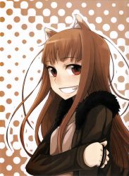 Rule 34 | 00s, 1girl, absurdres, animal ears, ayakura juu, brown hair, fang, fangs, female focus, grin, halftone, halftone background, highres, holo, jacket, long hair, official art, red eyes, scan, smile, solo, spice and wolf, wolf ears