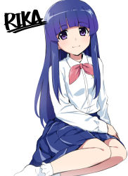 Rule 34 | 1girl, blue hair, blue skirt, blunt bangs, bow, character name, closed mouth, collared shirt, commentary request, furude rika, haaam, highres, higurashi no naku koro ni, hime cut, long hair, long sleeves, looking at viewer, pink bow, purple eyes, school uniform, shirt, sidelocks, simple background, sitting, skirt, smile, socks, solo, st. lucia academy school uniform, upper body, white background, white shirt, white socks