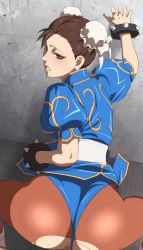 Rule 34 | 1boy, 1girl, animated, animated gif, anus, ass, blue dress, blush, bouncing ass, bouncing breasts, bracelet, breasts, brown eyes, brown hair, brown pantyhose, bun cover, capcom, censored, china dress, chinese clothes, chun-li, clothed sex, commentary request, doggystyle, double bun, dress, earrings, eyeshadow, hair bun, hetero, jewelry, jiggle, large breasts, lips, looking at viewer, makeup, male pubic hair, mosaic censoring, mushiro (nijie728995), pantyhose, parted lips, penis, pov, pubic hair, puffy short sleeves, puffy sleeves, rape, sash, sex, sex from behind, short hair, short sleeves, solo focus, spiked bracelet, spikes, street fighter, torn clothes, torn legwear, uncomfotable, unitard, vaginal, wall