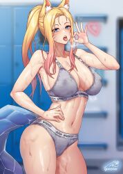 Rule 34 | 1girl, ahri (league of legends), animal ear fluff, animal ears, bare shoulders, blonde hair, blue eyes, blurry, blurry background, blush, breasts, cleavage, clothes writing, collarbone, commentary, covered erect nipples, cowboy shot, crystal tail, facial mark, fellatio gesture, fox ears, fox girl, gonster, grey panties, grey sports bra, hand on own hip, heart, highres, indoors, k/da (league of legends), k/da ahri, large breasts, league of legends, locker, locker room, long hair, looking at viewer, midriff, navel, open mouth, panties, saliva, signature, solo, sports bra, standing, tail, teeth, tongue, tongue out, underwear, upper teeth only, wet, wet clothes, whisker markings, wristband
