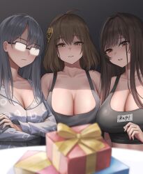 Rule 34 | 3girls, absurdres, ahoge, anis (nikke), black tank top, blurry, blurry foreground, box, breasts, brown eyes, brown hair, cat hair ornament, character name, cleavage, closed mouth, collarbone, commentary request, counters (nikke), crossed arms, gift, gift box, glasses, goddess of victory: nikke, grey hair, hair between eyes, hair ornament, highres, kurone rinka, large breasts, long hair, looking at viewer, multiple girls, neon (nikke), pajamas, parted lips, rapi (nikke), red eyes, tank top, upper body