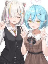 Rule 34 | 2girls, ahoge, animal ears, black nails, black ribbon, black vest, blue hair, blush, bracelet, brown dress, closed eyes, collared shirt, colored tips, commentary, crossed bangs, daifuku (yukihana lamy), double v, dress, ear piercing, grey hair, hair between eyes, hair ornament, hair over one eye, hairclip, hands up, heart, heart ahoge, highres, hololive, jewelry, light blue hair, lion ears, lion girl, long sleeves, looking at viewer, multicolored hair, multiple girls, nail polish, necklace, norio (noriosub), open mouth, orange hair, piercing, pinafore dress, pink hair, pink nails, plaid, plaid dress, pointy ears, ribbon, shirt, shishiro botan, shishiro botan (button-down), short hair, short sleeves, simple background, sleeveless, sleeveless dress, smile, streaked hair, upper body, v, vest, virtual youtuber, white background, white shirt, x hair ornament, yellow eyes, yukihana lamy, yukihana lamy (casual)