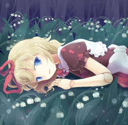 Rule 34 | 1girl, blonde hair, blue eyes, bow, doll joints, dress, flower, hair ribbon, joints, lily of the valley, looking at viewer, lying, medicine melancholy, mito tsubaki, on stomach, parted lips, puffy short sleeves, puffy sleeves, ribbon, short hair, short sleeves, solo, touhou