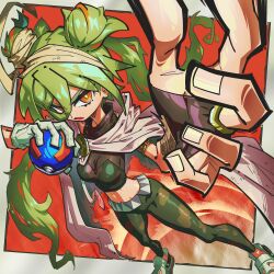 Rule 34 | 1girl, absurdres, armlet, bandaged arm, bandages, cape, creatures (company), crocs, dedeen, double bun, game freak, gloves, great ball, green hair, ground miku (project voltage), hair between eyes, hair bun, hairband, hatsune miku, highres, jewelry, long hair, looking at viewer, midriff, nintendo, open mouth, orange eyes, pants, poke ball, pokemon, project voltage, ring, single glove, twintails, very long hair, vocaloid, white gloves