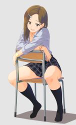 Rule 34 | 1girl, bracelet, brown hair, cellphone, chair, character request, green eyes, hair ornament, hairclip, highres, jewelry, kneehighs, long hair, long sleeves, looking at viewer, narumi nanami, no shoes, open mouth, parted bangs, phone, plaid, plaid skirt, school uniform, simple background, sitting, sitting backwards, skirt, smartphone, smile, socks, solo, wristband