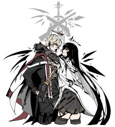 Rule 34 | 1boy, 1girl, absurdres, ahoge, arched back, arknights, arms around neck, arms up, black coat, black eyes, black garter straps, black gloves, black hair, black halo, black pants, black wings, blonde hair, blunt bangs, breasts, broken halo, cable, cloak, closed mouth, coat, collared jacket, colored inner hair, commentary, cousins, cowboy shot, cropped legs, crossed bangs, dark halo, detached wings, doctahmem, earpiece, energy wings, executor (arknights), executor the ex foedere (arknights), expressionless, eye contact, finger on trigger, fingerless gloves, flat color, from side, garter straps, glove cuffs, gloves, grey gloves, grey hair, grey skirt, grey sleeves, grey thighhighs, gun, hair between eyes, halo, hand up, highres, hime cut, holding, holding gun, holding weapon, hug, jacket, layered sleeves, lever action, light smile, logo, long bangs, long hair, long sleeves, looking at another, looking down, looking up, mechanical halo, mechanical wings, messy hair, miniskirt, mole, mole under eye, multicolored cloak, multicolored hair, muted color, official alternate costume, pale skin, pants, pleated skirt, pointing gun, pouch, profile, red cloak, short hair, short over long sleeves, short-sleeved jacket, short sleeves, shotgun, sidelocks, simple background, skirt, small breasts, smile, standing, straight hair, strap, striped, symbol-only commentary, thigh pouch, thigh strap, thighhighs, two-tone cloak, two-tone hair, vertical stripes, very long hair, virtuosa (arknights), weapon, white background, white cloak, white jacket, wide sleeves, wings, yellow pupils, zettai ryouiki