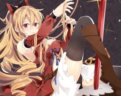 Rule 34 | 10s, 1girl, bare shoulders, black thighhighs, blonde hair, boots, bow, breasts, brown footwear, cross-laced footwear, dress, flower, granblue fantasy, hair between eyes, hair bow, hair ornament, hatsuko, hibiscus, holding, holding own hair, knee boots, lace-up boots, long hair, long legs, looking at viewer, lying, medium breasts, on back, ponytail, red eyes, short dress, solo, thighhighs, vira (granblue fantasy)