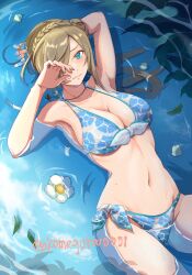 Rule 34 | 1girl, arm behind head, arm up, armpits, bare arms, bare shoulders, bikini, blue bikini, blue eyes, blue sky, blush, braid, breasts, brown hair, cleavage, closed mouth, cloud, cloudy sky, commentary request, covering face, cowboy shot, crown braid, day, floral print, floral print bikini, flower, from above, front-tie bikini top, front-tie top, hair over one eye, halterneck, hand up, highres, jewelry, komegura, large breasts, leaf, long hair, looking at viewer, lying, navel, necklace, official alternate costume, official alternate hairstyle, on back, outdoors, partially submerged, print bikini, reflection, reflective water, side-tie bikini bottom, sky, solo, stomach, swimsuit, tales of (series), tales of asteria, tales of the abyss, tear grants, twitter username, water, white flower