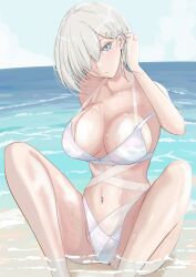 Rule 34 | 1girl, absurdres, beach, blue eyes, blue sky, breasts, cleavage, cloud, day, feet out of frame, grey hair, hair ornament, hair over one eye, hairclip, hamakaze (kancolle), highres, kantai collection, ken (shutenndouji1), large breasts, looking at viewer, ocean, outdoors, sitting, sky, solo, water, white background, white hair