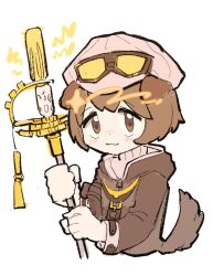 Rule 34 | 1boy, :3, animal ears, arknights, brown eyes, brown hair, brown jacket, closed mouth, clover (clover11 40), commentary, dog boy, dog ears, dog tail, english commentary, goggles, goggles on headwear, greyy (arknights), hat, highres, holding, jacket, long sleeves, looking at viewer, male focus, short hair, simple background, solo, tail, tareme, upper body, white background, zipper pull tab