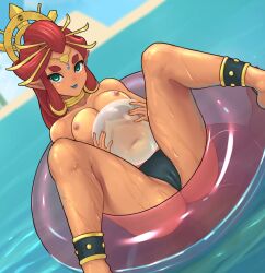 Rule 34 | 1girl, anklet, babusgames, ball, bikini, black bikini, breasts, cameltoe, dark-skinned female, dark skin, feet out of frame, forehead jewel, green lips, hair ornament, highres, holding, holding ball, jewelry, knees up, large breasts, long hair, navel, nintendo, nipples, outdoors, red hair, riju, solo, spread legs, swimsuit, the legend of zelda, the legend of zelda: breath of the wild, topless, wet