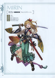 Rule 34 | 1girl, absurdres, aqua eyes, arm guards, blonde hair, blush, bridal gauntlets, character name, full body, granblue fantasy, hair ornament, highres, holding, holding sword, holding weapon, japanese clothes, katana, long hair, looking at viewer, minaba hideo, mirin (granblue fantasy), official art, one eye closed, open mouth, page number, sarashi, scan, sheath, simple background, smile, solo, stats, sword, weapon, wide sleeves
