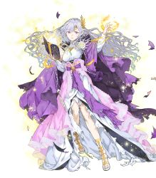 Rule 34 | 1girl, book, breasts, cape, deirdre (fire emblem), dress, fire, fire emblem, fire emblem: genealogy of the holy war, fire emblem heroes, full body, glowing, gold trim, haimura kiyotaka, hair ornament, hand up, highres, holding, holding book, leg up, long dress, long hair, long skirt, long sleeves, looking away, magic, medium breasts, nintendo, non-web source, official art, parted lips, purple eyes, purple hair, sandals, skirt, solo, sparkle, toeless footwear, toes, torn cape, torn clothes, torn skirt, transparent background