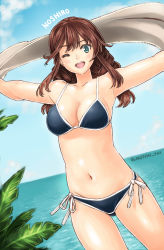 Rule 34 | 1girl, ;d, absurdres, alternate costume, bikini, black bikini, blue sky, breasts, brown hair, character name, cleavage, collarbone, cowboy shot, day, dutch angle, green eyes, groin, highres, kantai collection, long hair, looking at viewer, medium breasts, navel, noshiro (kancolle), notchi, ocean, one eye closed, open mouth, outdoors, outstretched arms, ribbon, side-tie bikini bottom, sideboob, sky, smile, solo, standing, swimsuit, twitter username, white ribbon