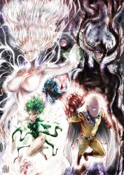 Rule 34 | 2boys, 2girls, aura, bald, belt, blood, blood on face, bodysuit, boots, breasts, bruise, cape, clenched hand, closed mouth, commentary, covered erect nipples, covered navel, debris, demon, dress, english commentary, floating hair, flying, garou (one-punch man), glasses, gloves, glowing, greyscale, grin, high heels, highres, horns, injury, jitome, large breasts, long hair, looking at viewer, medium breasts, monochrome, multiple boys, multiple girls, navel, one-punch man, pants, pelvic curtain, psychos (one-punch man), reaching, reaching towards viewer, saitama (one-punch man), sanpaku, shoes, short hair, signature, single shoe, smile, sparks, superhero costume, tatsumaki, the golden smurf, torn clothes