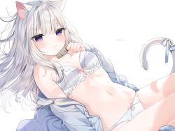 Rule 34 | 1girl, animal ear fluff, blouse, blue shirt, blush, bow, bow bra, bow panties, bra, breasts, cat girl, closed mouth, collared shirt, commentary, dress shirt, grey hair, hand up, highres, light smile, long hair, long sleeves, looking at viewer, lying, mafuyu (chibi21), navel, on back, open clothes, open shirt, original, panties, purple eyes, romaji commentary, shirt, signature, simple background, sleeves past wrists, small breasts, solo, tail, tail bow, tail ornament, tail raised, underwear, white background, white bow, white bra, white panties