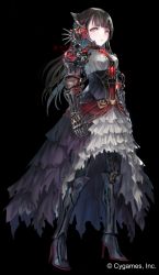 Rule 34 | 1girl, absurdres, android, black background, black hair, chain, closed mouth, cygames, dress, frilled dress, frills, full body, gears, gem, grey eyes, headgear, high heels, highres, irua, joints, long hair, looking at viewer, mono garnet rebel, multicolored eyes, official art, original, red eyes, robot joints, shadowverse, slit pupils, solo, torn clothes