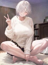Rule 34 | 1girl, barefoot, black skirt, blush, book, bookshelf, bra strap, breasts, fur sweater, grin, hair over one eye, huge breasts, indian style, indoors, kurono mitsuki, lens flare, looking at viewer, miniskirt, open clothes, original, short hair, sitting, skirt, smile, sweater, v, white hair, white sweater