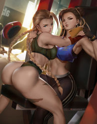 Rule 34 | 2girls, abs, adapted costume, adidas, arm around shoulder, arm wrap, arms around neck, ass, beret, biceps, black sports bra, blonde hair, blush, braid, breast press, breasts, brown eyes, brown hair, cammy white, capcom, cellphone, chun-li, crop top, day, double bun, earrings, facial scar, facing another, felox08, fingerless gloves, gloves, green shorts, green sports bra, gym, gym shorts, hair bun, hair ribbon, hat, unworn hat, unworn headwear, holding, holding phone, indoors, jewelry, large breasts, looking at viewer, looking back, midriff, multiple girls, muscular, muscular female, navel, pants, phone, ribbon, scar, scar on cheek, scar on face, selfie, shorts, sitting, smartphone, sports bra, street fighter, street fighter 6, stud earrings, symmetrical docking, thick thighs, thighs, thong, twin braids, yoga pants, yuri