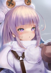 Rule 34 | 1girl, @ @, absurdres, aoi minato (aoi3710blueport), azur lane, bandaid, bandaid on face, blush, commentary request, gloves, grozny (azur lane), hat, highres, long hair, portrait, purple eyes, purple hair, simple background, snow, solo, winter clothes