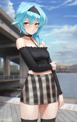 Rule 34 | 1girl, :/, absurdres, asymmetrical hair, bare shoulders, black choker, black hairband, black thighhighs, blue hair, blue sky, blurry, blurry background, blush, breasts, brown eyes, choker, closed mouth, contemporary, cowboy shot, crop top, day, dolri, eula (genshin impact), genshin impact, gradient eyes, hairband, highres, holding own arm, long sleeves, looking at viewer, medium breasts, medium hair, midriff, miniskirt, multicolored eyes, off-shoulder shirt, off shoulder, outdoors, revision, shirt, sidelocks, skirt, sky, solo, thighhighs, thighs, water, zettai ryouiki
