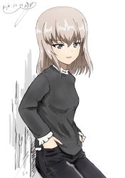 Rule 34 | 10s, 1girl, :d, against wall, black pants, blunt bangs, bukkuri, dated, girls und panzer, grey eyes, grey shirt, hair between eyes, hands in pocket, itsumi erika, long hair, long sleeves, looking at viewer, open mouth, pants, shirt, signature, silver hair, sketch, smile, solo, white background