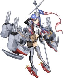 Rule 34 | 1girl, american flag, black gloves, blue hair, breasts, gloves, jacket, kantai collection, long hair, machinery, medium breasts, multicolored hair, navel, necktie, official art, red hair, rigging, rudder footwear, shorts, single thighhigh, south dakota (kancolle), staff, thighhighs, transparent background, turret, weapon, white hair, zeco