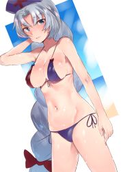 Rule 34 | 1girl, arm at side, arm behind head, arm up, asuzemu, bare arms, bare shoulders, bikini, blue bikini, blue ribbon, blush, bow, braid, breasts, cleavage, closed mouth, collarbone, cowboy shot, dutch angle, groin, hair bow, hat, long hair, looking at viewer, medium breasts, mismatched bikini, multicolored bikini, multicolored clothes, navel, nurse cap, outside border, parted bangs, red bow, ribbon, shiny skin, side-tie bikini bottom, single braid, solo, standing, stomach, swimsuit, thighs, touhou, very long hair, yagokoro eirin