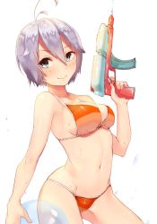 1girl antenna_hair bad_id bad_pixiv_id bikini blue_eyes blush breasts cleavage female_focus grey_hair highres looking_at_viewer medium_breasts navel phantasy_star phantasy_star_online_2 short_hair simple_background smile solo swimsuit uni_(melm) water_gun wet