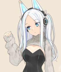 Rule 34 | 1girl, animal ear headphones, animal ears, black leotard, blue eyes, blue hair, blue nails, blush, breasts, brown background, cleavage, closed mouth, fake animal ears, head tilt, headphones, leotard, long hair, long sleeves, looking away, looking to the side, medium breasts, multicolored hair, nail polish, original, parted bangs, shrug (clothing), simple background, sleeves past wrists, solo, strapless, strapless leotard, streaked hair, two side up, upper body, white hair, ycums