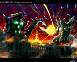 Rule 34 | bad id, bad pixiv id, bagan, building, character name, commission, crest, destruction, dinosaur, energy, energy ball, fire, garayann, giant, giant monster, glowing, glowing eyes, godzilla, godzilla (series), highres, horns, japan, kaijuu, monster, muscular, muscular male, national diet building, real world location, red eyes, smoke, spiked tail, spikes, super godzilla, super godzilla (game), tail, toho, tokyo (city)