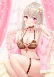 Rule 34 | 1girl, :p, absurdres, bare shoulders, bikini, breasts, choker, cleavage, coat, collarbone, curled fingers, curtains, feet out of frame, flower, fur-trimmed sleeves, fur trim, grey hair, hair between eyes, hair flower, hair ornament, hair ribbon, hanakumo rin (vtuber), highres, long hair, medium breasts, midriff, navel, no bra, o-ring, o-ring top, off shoulder, petals, pillow, pink coat, pink eyes, propro production, ribbon, side-tie bikini bottom, sidelocks, sitting, solo, striped bikini, striped clothes, swimsuit, thigh strap, thighs, tongue, tongue out, uni ikura, virtual youtuber, wide sleeves, window