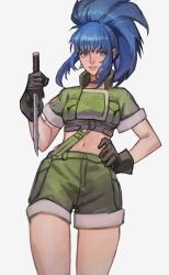 Rule 34 | 1girl, black gloves, blue eyes, blue hair, breasts, combat knife, earrings, gloves, hand on own thigh, jewelry, knife, leona heidern, long hair, looking at viewer, medium breasts, metal slug, midriff, military, parted lips, ponytail, short sleeves, shorts, simple background, snk, solo, the king of fighters, thighs, uncle rabbit ii, weapon, white background