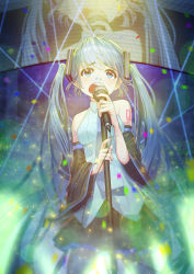 Rule 34 | 1girl, absurdres, bare shoulders, blue eyes, blue hair, concert, confetti, cowboy shot, detached sleeves, hair ornament, hatsune miku, highres, holding, holding microphone, holding microphone stand, lens flare, long hair, microphone, microphone stand, monitor, music, necktie, open mouth, projected inset, shirt, shoulder tattoo, singing, skirt, sleeveless, sleeveless shirt, solo, spotlight, tattoo, tears, thighhighs, twintails, very long hair, vocaloid, wakuwakumkg