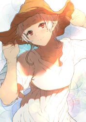 Rule 34 | 1girl, closed mouth, collarbone, dated, dress, elf, hand up, hat, highres, kiyo (a sam ko), looking at viewer, mushoku tensei, pointy ears, red eyes, short hair with long locks, signature, solo, straw hat, sylphiette (mushoku tensei), white dress, white hair