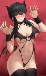Rule 34 | 1girl, areola slip, bare shoulders, black hair, black thighhighs, blush, breasts, claw pose, cleavage, collarbone, demon horns, demon wings, hairband, halloween costume, highres, hioyami, horns, large breasts, long hair, looking at viewer, navel, red background, red eyes, sidelocks, solo, spy x family, thighhighs, thighs, wings, wrist cuffs, yor briar