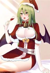 Rule 34 | 1girl, alcohol, bed, bed sheet, bell, belt, belt buckle, bow, breasts, buckle, cleavage, cup, demon wings, drinking glass, elbow gloves, gloves, green bow, green eyes, green hair, hair between eyes, hat, highres, holding, holding cup, kuroko tori, light rays, long hair, looking at viewer, medium breasts, mima (touhou), neck bell, open mouth, santa costume, santa hat, sitting, solo, spill, thighs, tongue, tongue out, touhou, wine, wine glass, wings