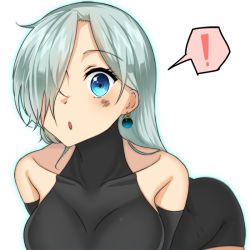 Rule 34 | !, 10s, 1girl, 2692hd, bare shoulders, blue eyes, blush, bodysuit, earrings, elizabeth liones, eyelashes, grey hair, hair over one eye, jewelry, leaning, leaning forward, long hair, looking at viewer, nanatsu no taizai, simple background, solo, speech bubble, white background